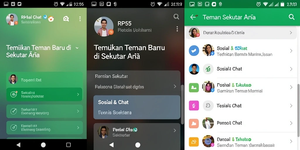 Antarmuka aplikasi RP55 menampilkan fungsi Teman Sekitar yang menarik.